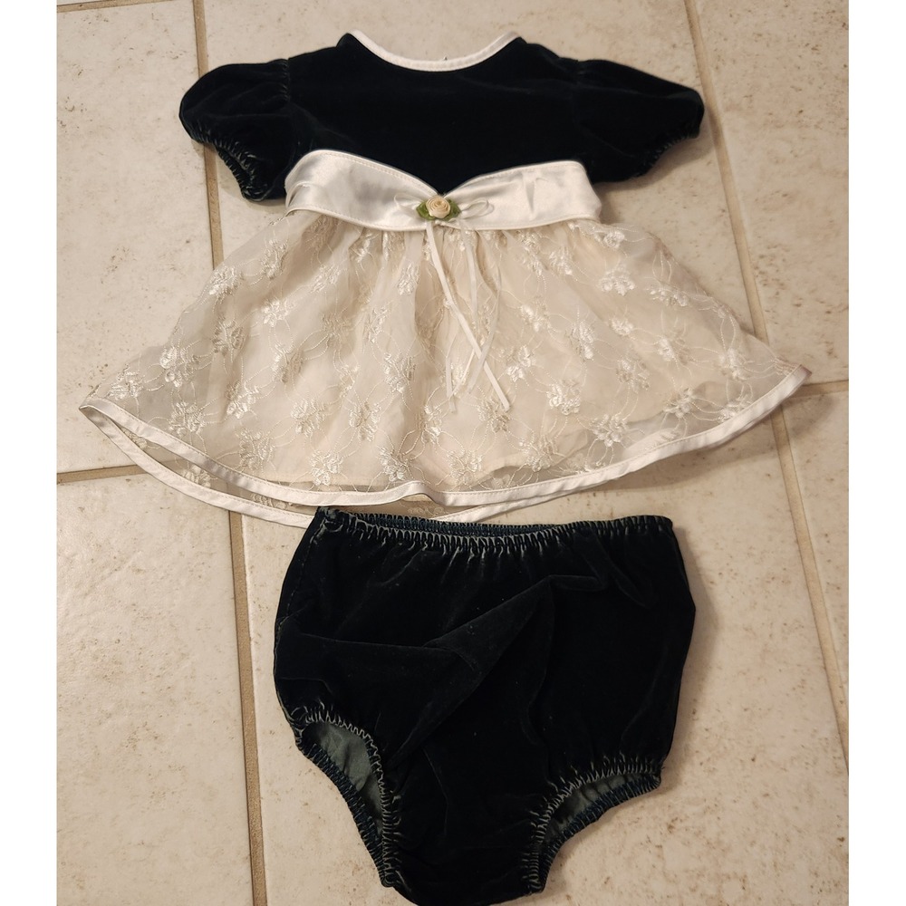 Vintage Green Velvet Lace Baby Dress Set with Bloomers Holiday Formal 6-9 Months